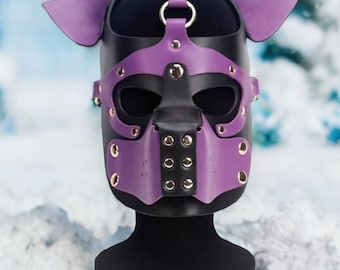 Custom Leather Puppy Hood Full Face Dog Play Mask with Removable Muzzle – Handmade Cosplay Pup Hood Adjustable Size, Custom Colors Available