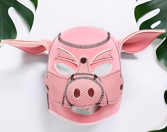 Custom Piggy Mask – Full Head Neoprene Animal Mask – Cosplay Pig Costume with Ears – Pet Play Hood – Custom Color Halloween Mask