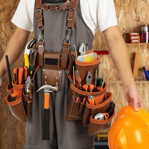 Carpenter - Werkzeuggürtel mit Hosenträger | Korn Leder Arbeit Werkzeugtasche | Verstellbare Werkzeugtasche für Männer | Strapazierfähiger Werkzeuggürtel aus Leder
