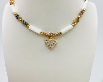 Rainbow Gemstone Necklace with Heart Pendant, Handmade Beaded Jewelry, Pearl Tube Beads & Gold Accents, Boho Romantic Gift for Her