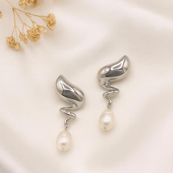 Sculptural Silver-Plated Pearl Earrings | Modern Art-Inspired Design | Statement Bridal Jewelry