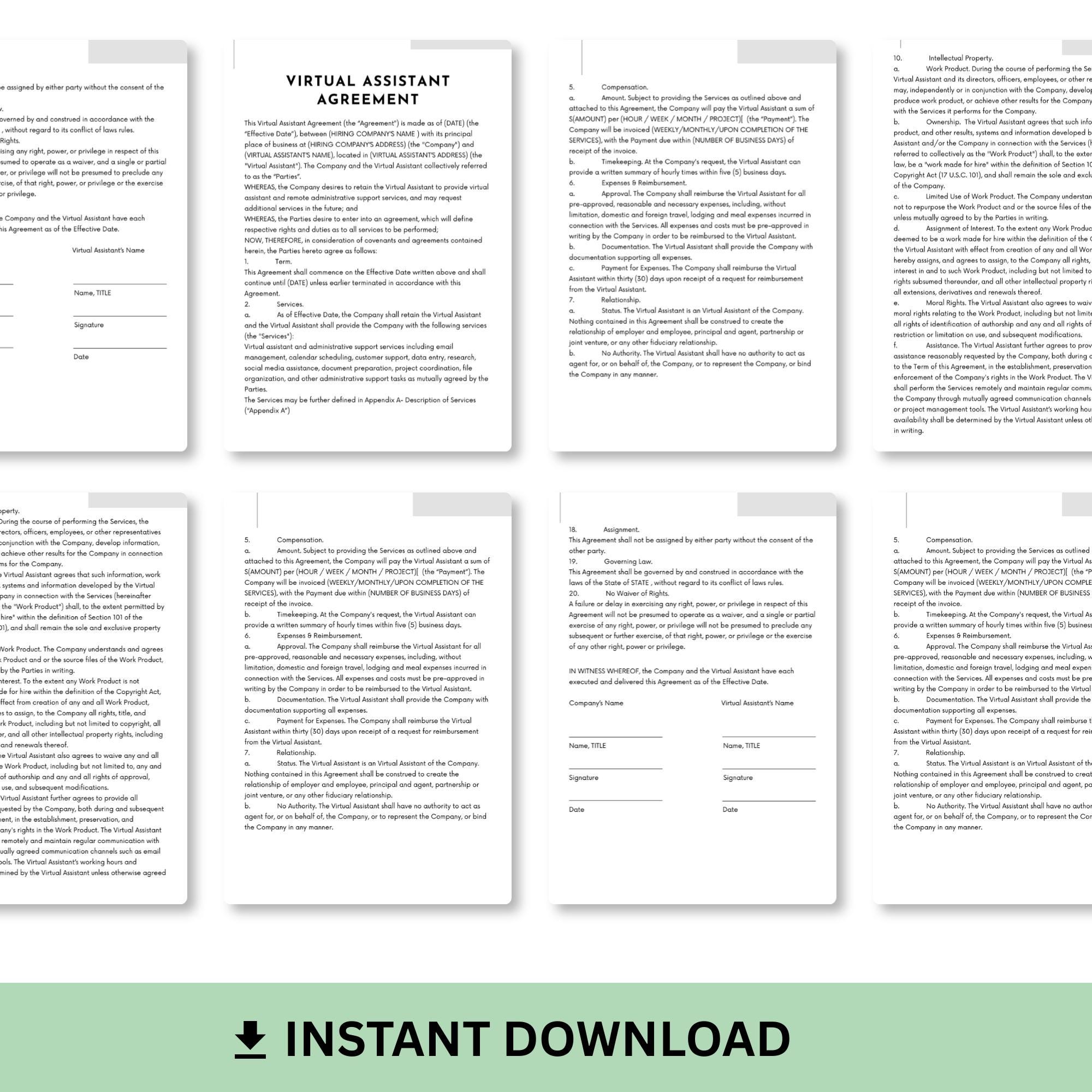 Virtual Assistant Agreement, Attorney-drafted Contract for Hiring Party ...