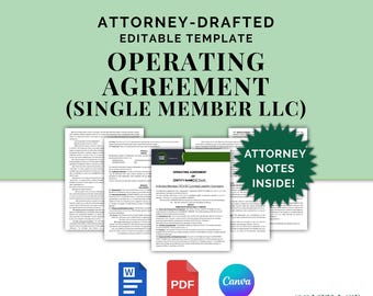 Single Member LLC Operating Agreement, Attorney-Drafted Company Agreement for Individual Owner, Editable Template in Canva and Word