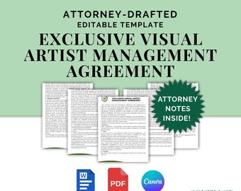 Exclusive Visual Artist Management Agreement, Attorney-Drafted Contract for Managing Musicians, Creators & Performers, Editable, Printable
