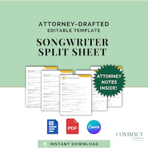 Peut inclure: Modèle numérique de feuille de partage de chansons, avec le texte "ATTORNEY-DRAFTED EDITABLE TEMPLATE" en haut. Le design comprend un fond vert, une étoile avec "ATTORNEY NOTES INSIDE!" et des icônes pour Word, PDF et Canva.