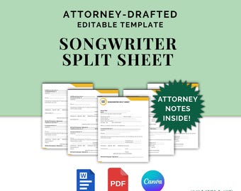 Songwriter Split Sheet, Attorney-Drafted Music Publishing Contract for Songwriters and Producers, PDF, Template Editable in Canva and Word