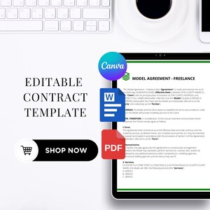 May include: An editable contract template with the word "Canva" in a circle, a blue Word icon, and a red PDF icon. The text "EDITABLE CONTRACT TEMPLATE" is displayed on the left, and a "SHOP NOW" button is at the bottom.