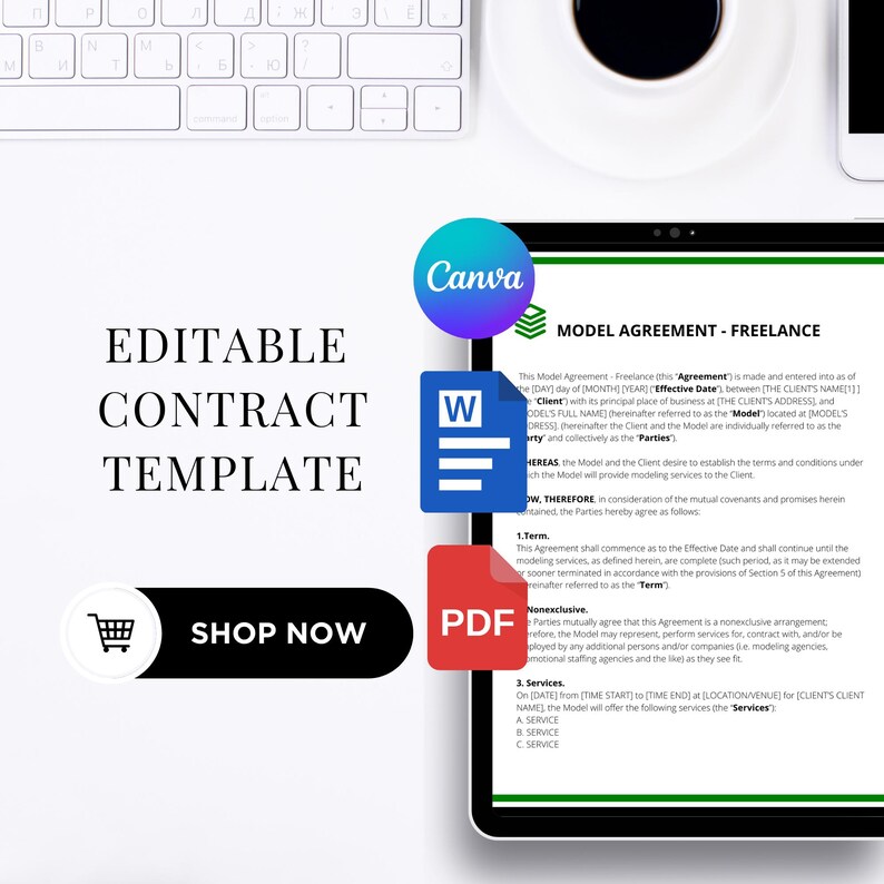 May include: An editable contract template with the word "Canva" in a circle, a blue Word icon, and a red PDF icon. The text "EDITABLE CONTRACT TEMPLATE" is displayed on the left, and a "SHOP NOW" button is at the bottom.