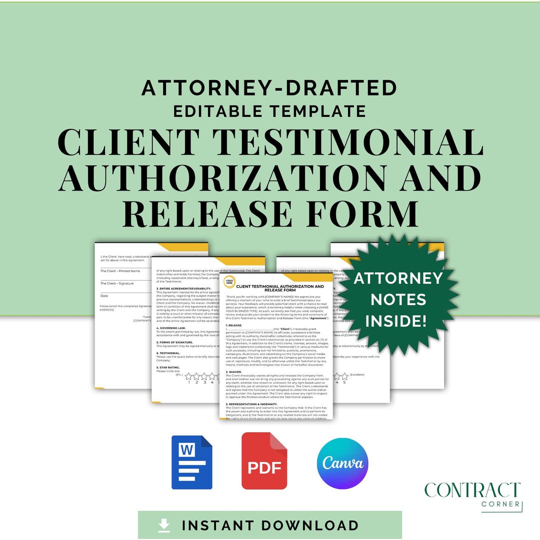 Client Testimonial Authorization & Release Form, Attorney Drafted Form ...