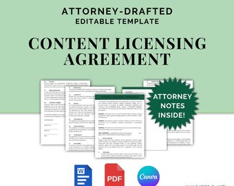 Content Licensing Agreement, Attorney-Drafted Contract for Content Creators and Users, Editable in Canva and Word, Instant Download, PDF