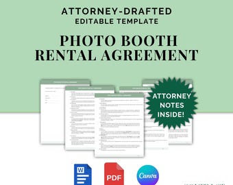 Photo Booth Rental Agreement, Attorney-Drafted Contract for Equipment Lease, Editable Template in Canva and Word, Instant Download, PDF