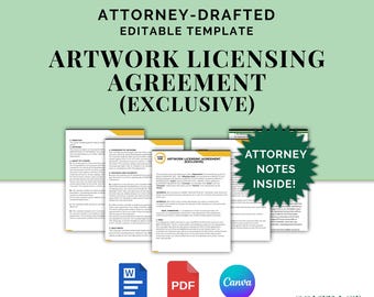 Artwork Licensing Agreement (Exclusive), Attorney-Drafted Editable Contract for Protecting Intellectual Property Rights of Artist & Creator