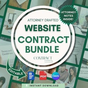 Può includere: Una grafica circolare verde e bianca con il testo "WEBSITE CONTRACT BUNDLE" e "ATTORNEY DRAFTED" e "ATTORNEY NOTES INSIDE!". L'immagine include le parole "EDITABLE" e "INSTANT DOWNLOAD".