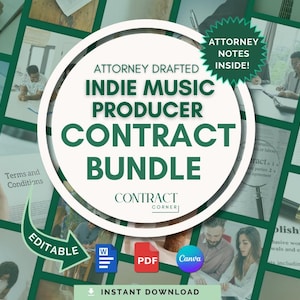 May include: A digital product bundle for indie music producers. The central design features a circular logo with the text "Indie Music Producer Contract Bundle" and "Attorney Drafted Notes Inside!" The design includes icons for editable formats and instant download.