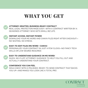 May include: A white graphic with the text "WHAT YOU GET" at the top. Below, bullet points describe the benefits of a contract, including attorney-drafted documents, instant access, and easy-to-edit files. The "CONTRACT CORNER" logo is at the bottom.