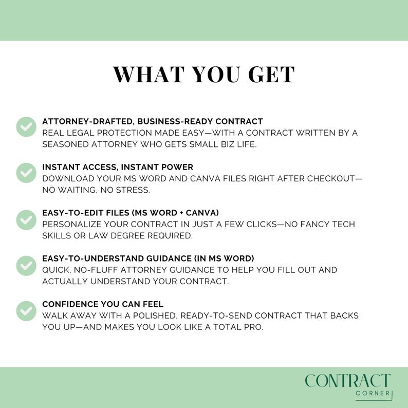 May include: A white graphic with the text "WHAT YOU GET" at the top. Below, bullet points describe the benefits of a contract, including attorney-drafted documents, instant access, and easy-to-edit files. The "CONTRACT CORNER" logo is at the bottom.