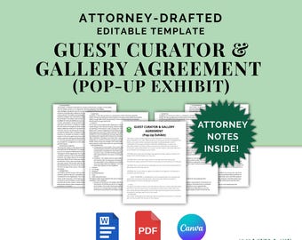 Guest Curator and Gallery Agreement, Attorney-Drafted Contract for Art Exhibition, Editable Template in Canva & Word, Instant Download, PDF