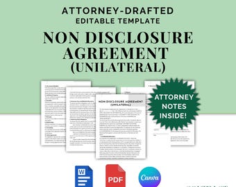 Non-Disclosure Agreement (Unilateral), Attorney-Drafted NDA for One Party Disclosing Information, Editable Template in Canva & Word