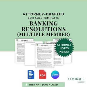 Plantilla de Resoluciones Bancarias - Múltiples Socios - Redactada por Abogados - LLC o Sociedad - Documento Legal - PDF - Word - Canva - Editable