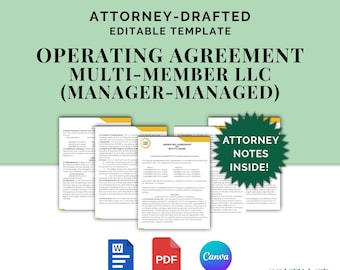 Operating Agreement Multi-Member LLC (Manager-Managed), Attorney-Drafted Company Agreement for Owners and Managers, Editable Template