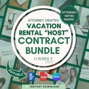 Puede incluir: Un paquete de productos digitales para anfitriones de alquileres vacacionales. El diseño central presenta el texto "VACATION RENTAL 'HOST' CONTRACT BUNDLE" en verde. Incluye archivos Word, PDF y Canva editables. "ATTORNEY NOTES INSIDE!"