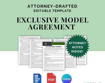 Exclusive Model Agreement, Attorney-Drafted Contract for Models and Businesses, Editable Template in Canva and Word, Instant Download