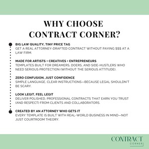May include: White graphic with the text "WHY CHOOSE CONTRACT CORNER?" and bullet points describing the benefits of the service. The Contract Corner logo is in the bottom right corner.