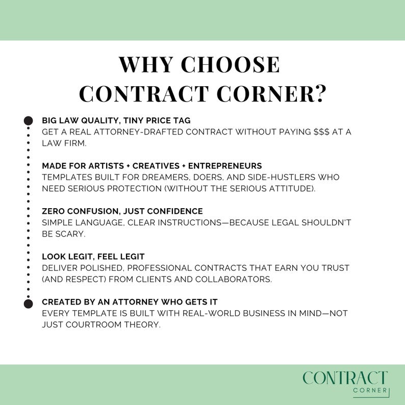 May include: White graphic with the text "WHY CHOOSE CONTRACT CORNER?" and bullet points describing the benefits of the service. The Contract Corner logo is in the bottom right corner.