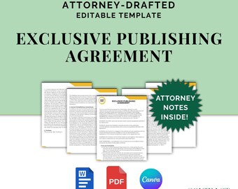Exclusive Publishing Agreement, Attorney-Drafted Contract for Authors, Creators, Musicians & Publishers, Editable Template in Canva and Word