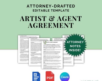 Artist & Agent Agreement, Attorney-Drafted Contract for Creatives and Representatives, Editable Template in Canva and Word, Instant Download