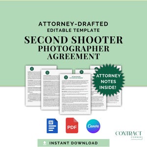 Könnte beinhalten: Digitale Vorlage für eine Vereinbarung mit einem zweiten Fotografen. Das Design zeigt mehrere Dokumentseiten, einen grünen Stern mit "Anwalthinweise innen!" und Symbole für Word-, PDF- und Canva-Formate. Der Text lautet "Vom Anwalt entworfen, editierbare Vorlage".