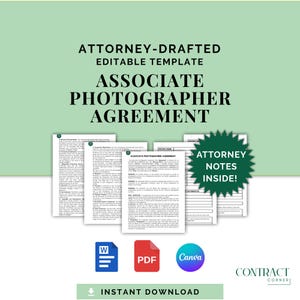 Könnte beinhalten: Eine hellgrüne Grafik mit dem Text "ATTORNEY-DRAFTED EDITABLE TEMPLATE ASSOCIATE PHOTOGRAPHER AGREEMENT". Das Bild enthält Dokumentvorlagen, Symbole für Word, PDF und Canva sowie eine grüne Sternform mit "ATTORNEY NOTES INSIDE!"