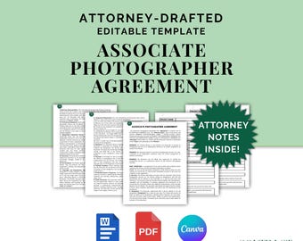 Associate Photographer Agreement, Attorney-Drafted Contract for Primary Photographer and Second Shooter, Editable Template in Canva and Word