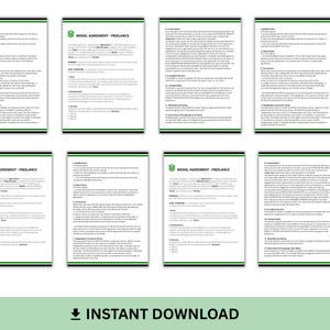 May include: A collection of eight white documents with black text, each labeled "MODEL AGREEMENT - FREELANCE." The documents are arranged in two rows of four. The bottom of the image reads "INSTANT DOWNLOAD."