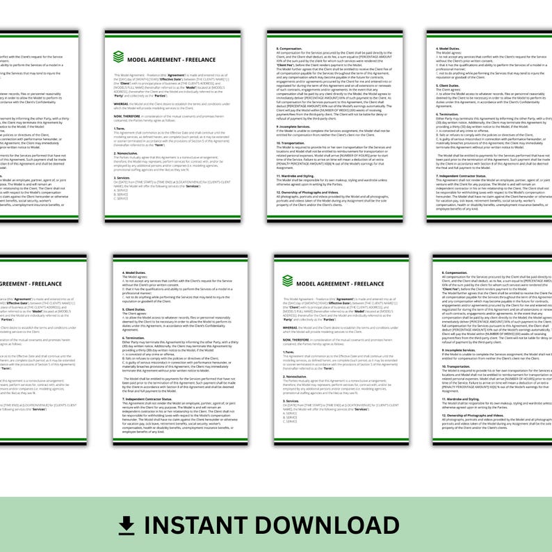 May include: A collection of eight white documents with black text, each labeled "MODEL AGREEMENT - FREELANCE." The documents are arranged in two rows of four. The bottom of the image reads "INSTANT DOWNLOAD."