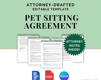 Pet Sitting Agreement, Attorney-Drafted Contract for Dog Walker and Pet Sitter, Editable Template in Word and Canva, PDF