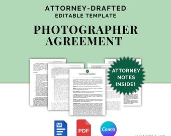 Photographer Agreement, Attorney-Drafted Photography Services Contract Template, Editable in Canva and Word, Instant Download, PDF