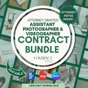 Könnte beinhalten: Ein digitales Vertragspaket für Foto- und Videoassistenten. Das kreisförmige Design zeigt den Text "Attorney Drafted Assistant Photographer & Videographer Contract Bundle" mit "Attorney Notes Inside!" und "Editable". Sofortiger Download.