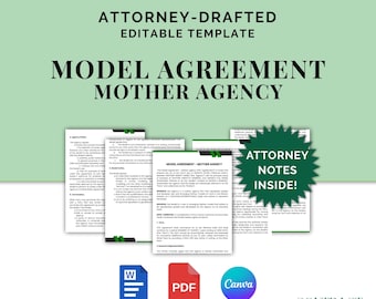 Model Agreement (Mother Agency), Attorney-Drafted Contract for Agency and Talent, Editable Template in Canva and Word, Instant Download, PDF
