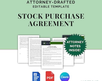 Acuerdo de compraventa de acciones, contrato de compraventa de acciones redactado por un abogado para inversión y propiedad empresarial, plantillas editables en Canva y Word.