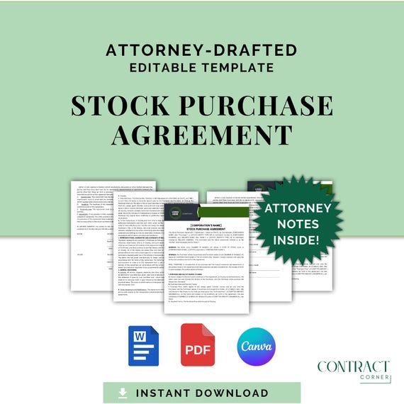 Stock Purchase Agreement, Attorney-Drafted Share Purchase Contract for Business Investment & Ownership, Editable Templates in Canva and Word