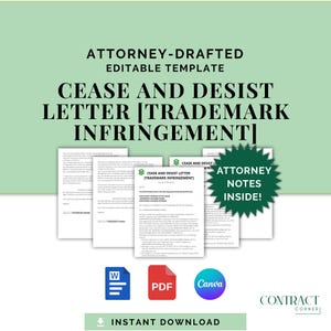 Carta de cese y desistimiento por infracción de marca registrada: plantilla de advertencia legal, plantilla de contrato editable redactada por un abogado, acuerdo imprimible