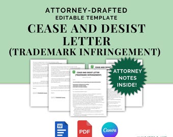 Cease and Desist Letter (Trademark Infringement), Attorney-Drafted Legal Warning to Infringers, Editable Template in Canva and Word