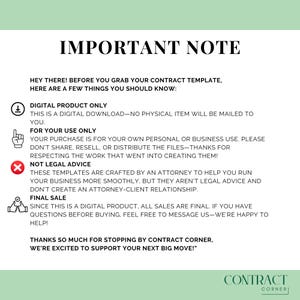 May include: A white and green graphic with the text "IMPORTANT NOTE" at the top. The text below details the terms of a digital product, including "DIGITAL PRODUCT ONLY" and "FINAL SALE". The Contract Corner logo is at the bottom.