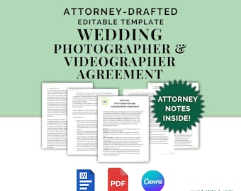 Wedding Photographer and Videographer Agreement, Attorney-Drafted Contract for Couple and Event Service Provider, Editable Template