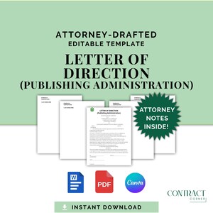 Può includere: Un modello digitale per una Lettera di Direzione (Amministrazione Editoriale). Il design presenta uno sfondo verde chiaro con il testo "ATTORNEY-DRAFTED EDITABLE TEMPLATE" e "LETTER OF DIRECTION". Include un adesivo "ATTORNEY NOTES INSIDE!" e icone per Word, PDF e Canva.
