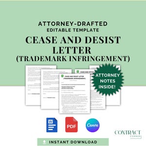 Cease and Desist Letter – Trademark Infringement - Legal Warning Template Attorney Drafted Editable Contract Template Printable Agreement