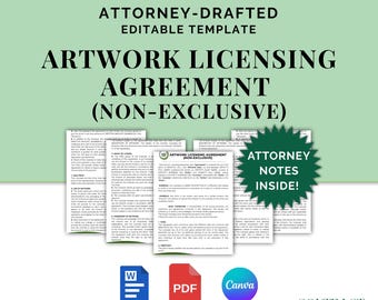 Artwork Licensing Agreement (Non-Exclusive), Attorney-Drafted Editable Contract for Protecting Intellectual Property of Artists & Creators