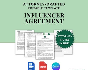 以下が含まれることがあります： 「ATTORNEY-DRAFTED EDITABLE TEMPLATE INFLUENCER AGREEMENT」というテキストが入ったインフルエンサー契約テンプレート。画像には、Word、PDF、Canvaのドキュメントアイコンと、「ATTORNEY NOTES INSIDE!」と「INSTANT DOWNLOAD」という文字が含まれています。