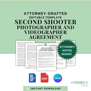 Könnte beinhalten: Eine hellgrüne Grafik mit dem Text "ATTORNEY-DRAFTED EDITABLE TEMPLATE SECOND SHOOTER PHOTOGRAPHER AND VIDEOGRAPHER AGREEMENT". Das Bild enthält Dokumentvorlagen, Symbole für Word, PDF und Canva sowie einen grünen Stern mit "ATTORNEY NOTES INSIDE!"